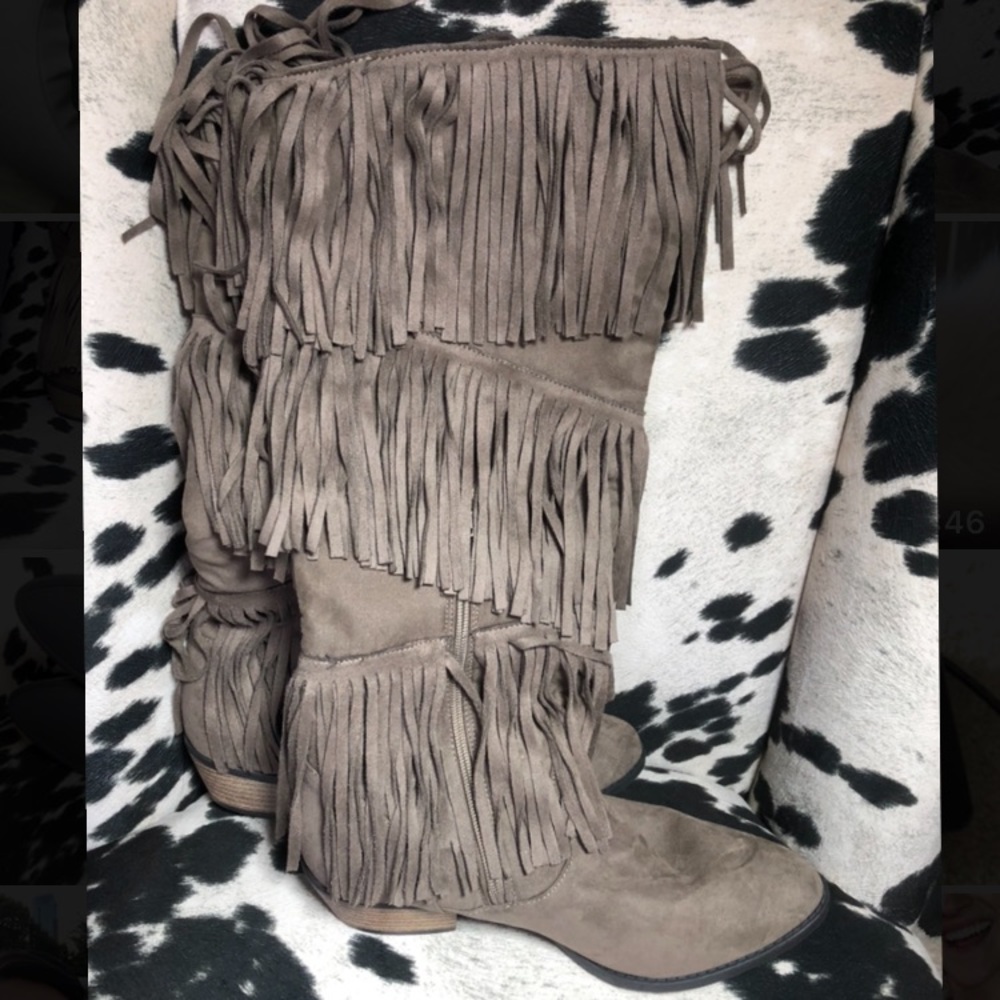 Tan Fringe Knee-High Boots